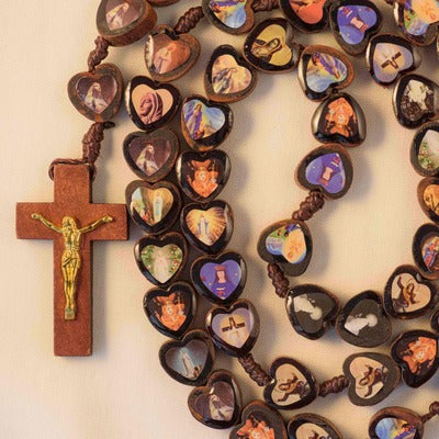 Chapelet Bois sur Corde Coeur - 25 apparitions Mariales Monde