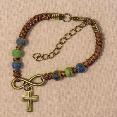 Bracelet en corde Croix et Coeur Infini - Perles Bleues