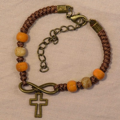 Bracelet en corde Croix et Coeur Infini - Perles Oranges